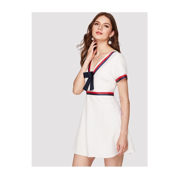 BOW FRONT WOVEN TAPE DETAIL SHORT DRESS SIZE M - Picture 3 of 8